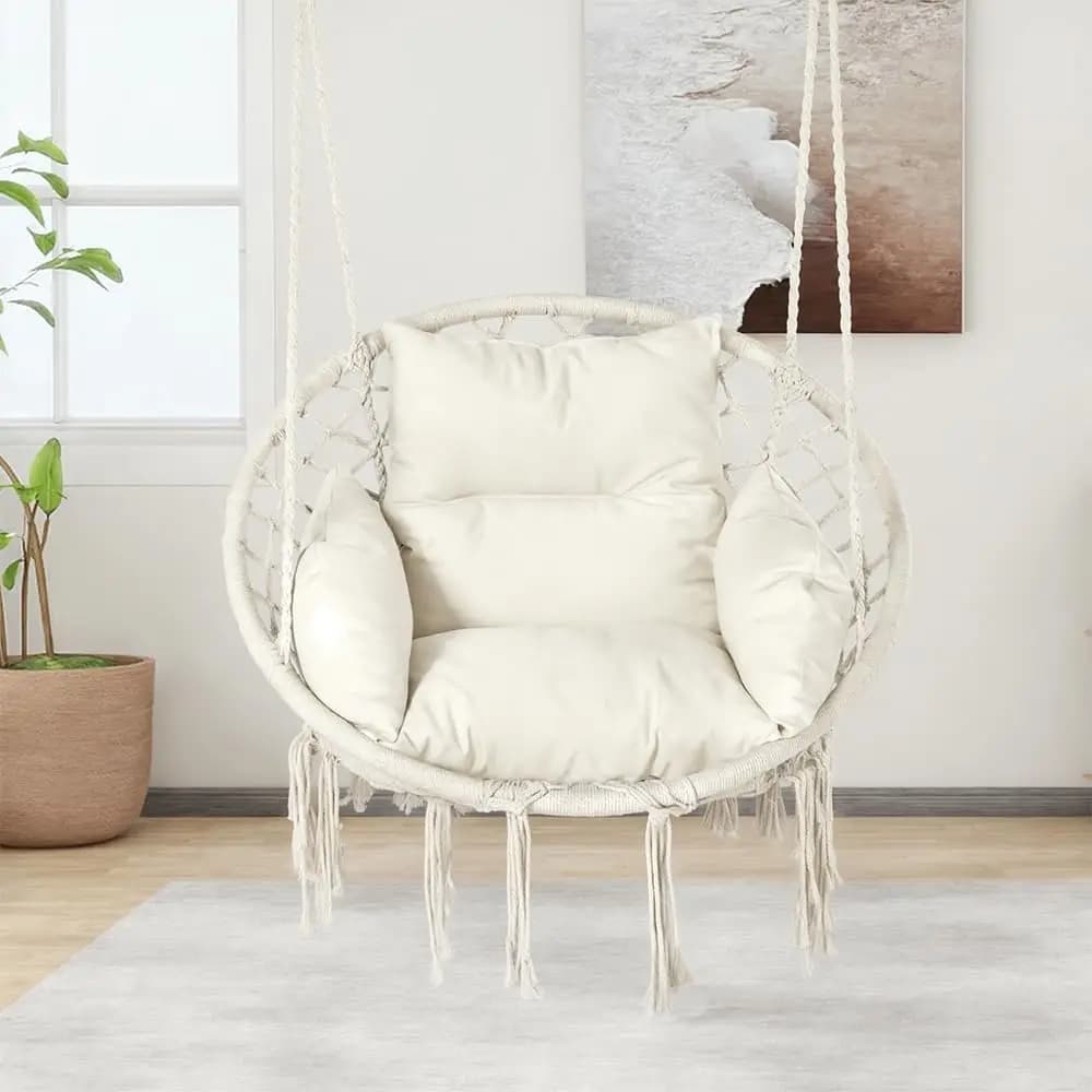 Comfortable hanging rope rocking chair with cushion, supports up to 330 pounds, ideal for bedroom, porch, balcony - White