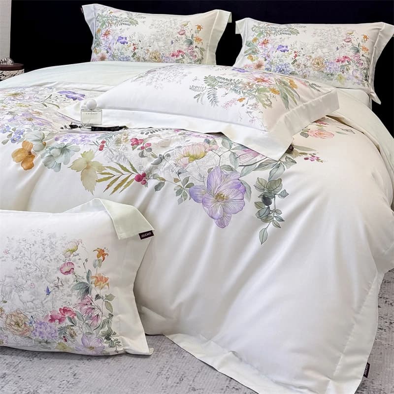 600TC Egyptian Cotton Luxury Botanical Floral Print Bedding Set 100% Cotton Duvet Cover Set Pillowcases Flat/Fitted Sheet 4Pcs