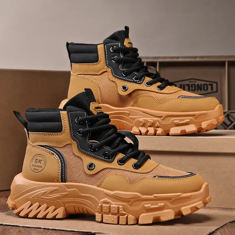 New Autumn Men Breathable High Top Work Shoes, Korean Style Versatile Thick Sole Anti-slip Hiking Boots for Men