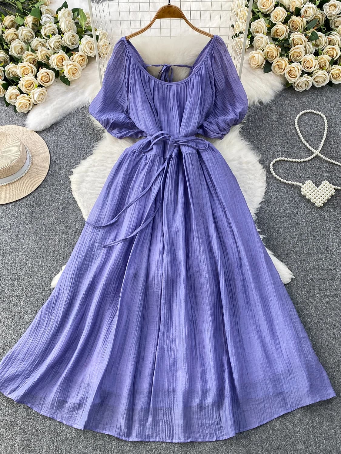 Abito lungo da donna primavera estate con spalle scoperte e maniche a bolle, stile delicato, sexy con clavicole esposta, gonna a trapezio, stile casual-elegante