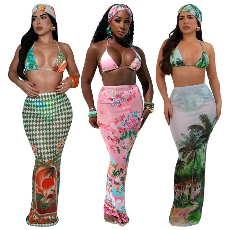 Sexy bikini set with floral print for women 2025 Summer swimsuits for beach holidays Bra + underwear skirts Set of 3 pieces Dresses