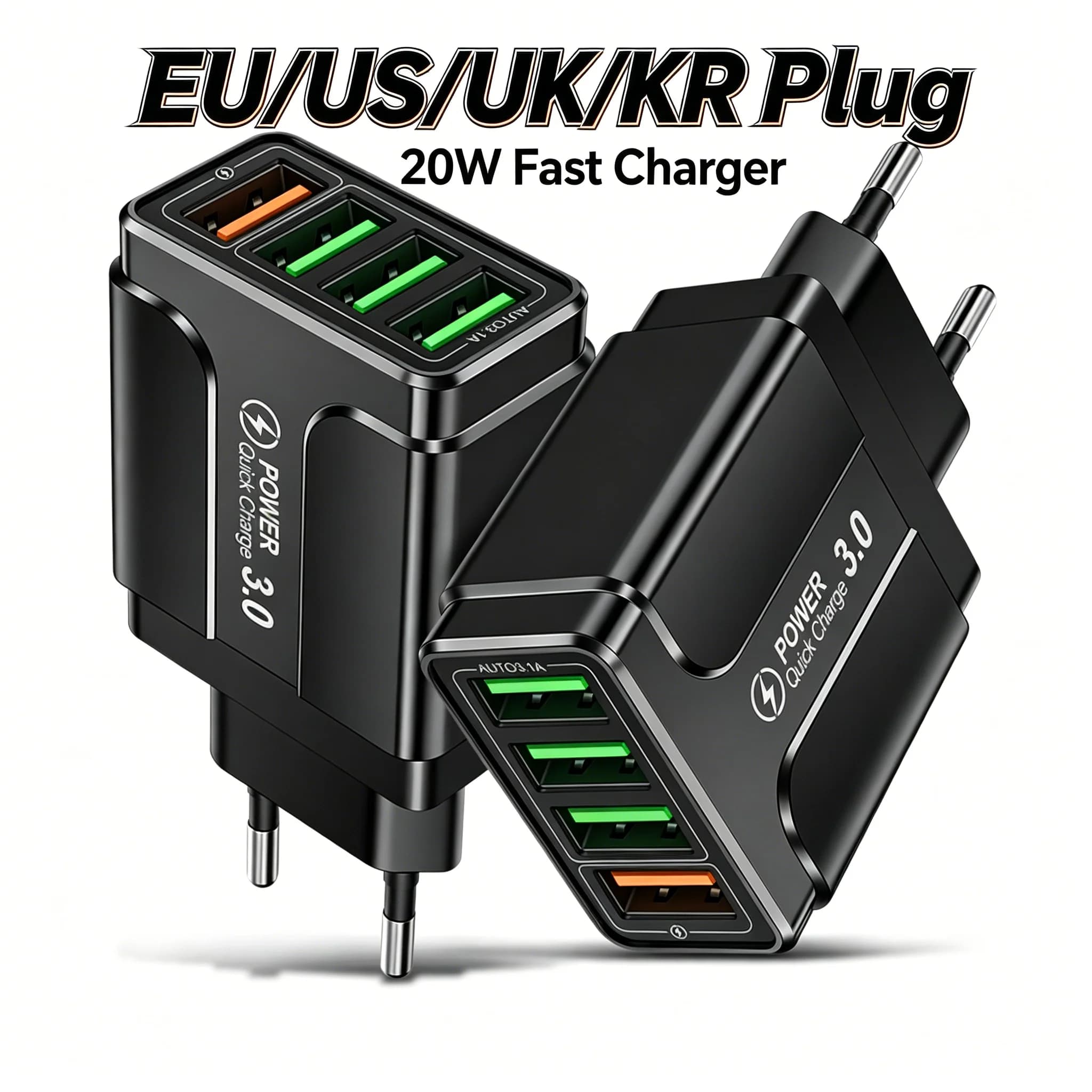 Caricatore da Muro USB a 4 Porte 20W con Ricarica Rapida QC3.0, Adattatore di Alimentazione Multi-Porta da Viaggio per iPhone, Spina EU US UK KR