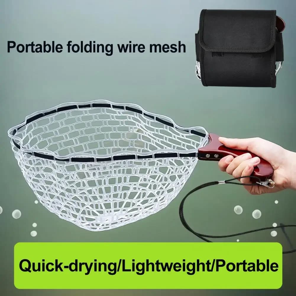 Guadino da pesca con manico in legno Rete da pesca pieghevole in silicone Rete da immersione Kayak Trampolieri Accessori per la pesca in flusso di fiume