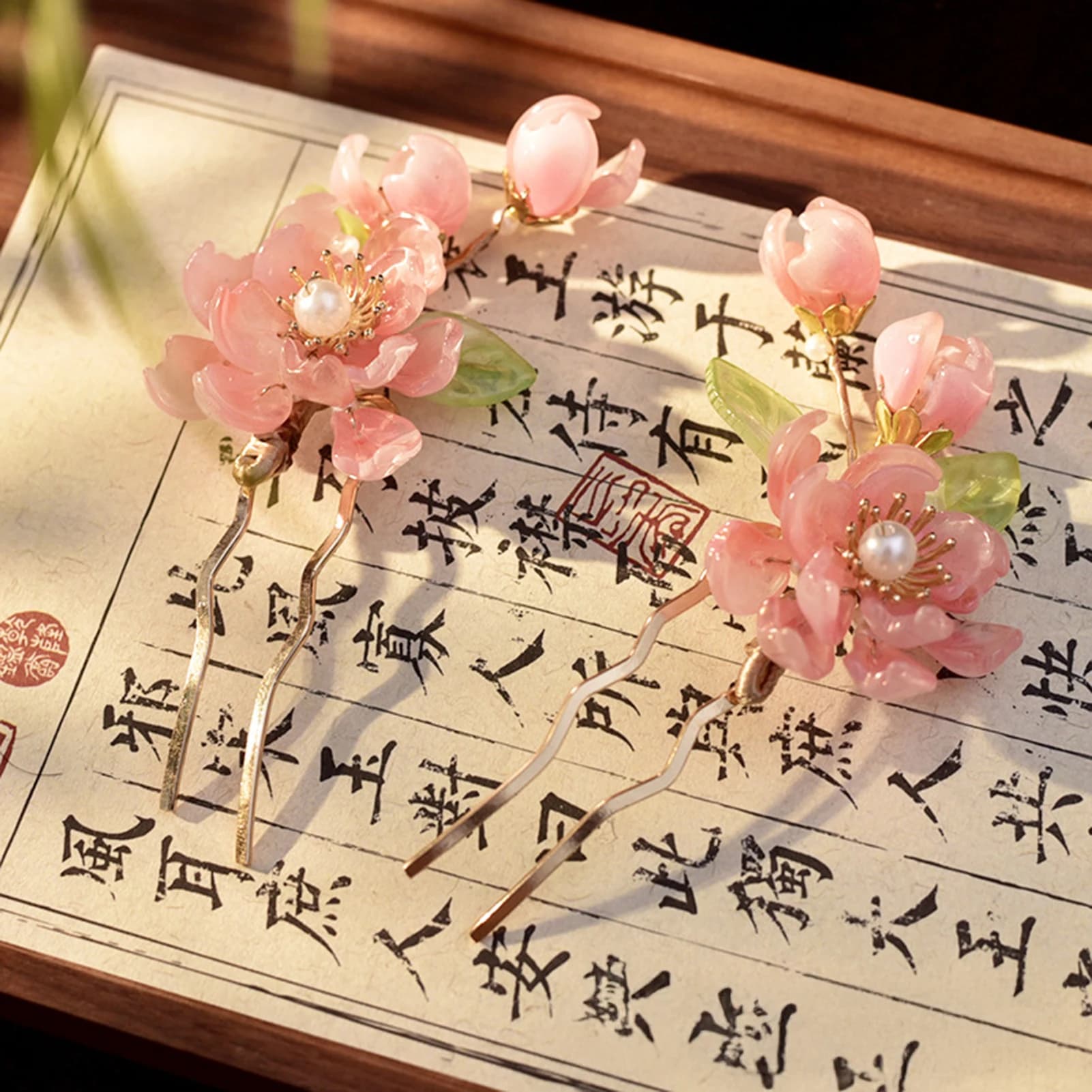 1/2 pcs peach flower fork new hair clip pink Chinese style with pearl crystal alloy hair ornament for cosplay Hanfu
