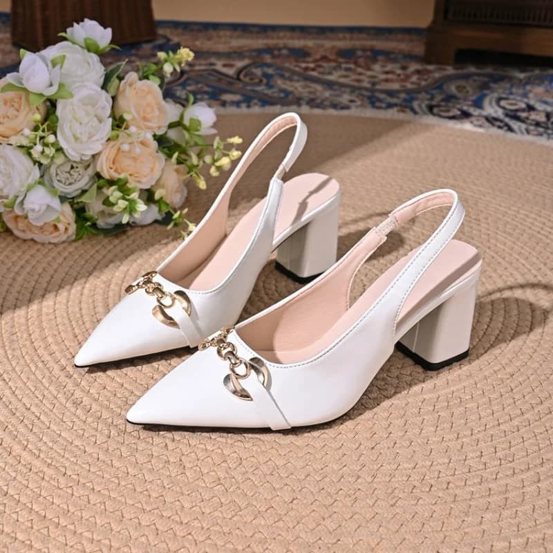 Comfortable Pointed Toe High Heel Sandals Women's Metal Chain Buckle Thin Heel Slip-On Shoes Summer Women's Shoes