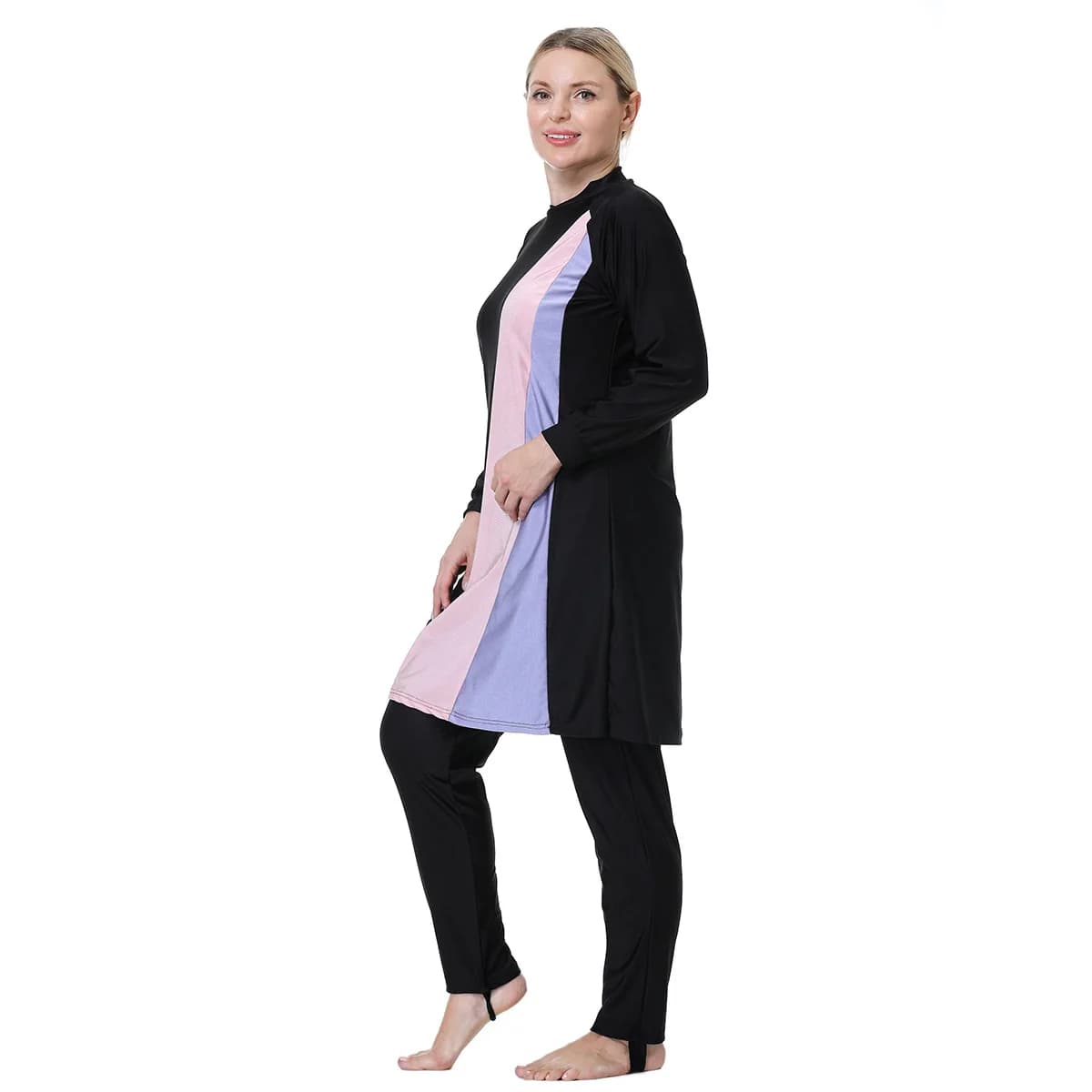 Diagonal Color Block Burkini Long Sleeve Tunic Pants Full Coverage Muslim Modest Conservative Bathing Suit For Swimming Beach