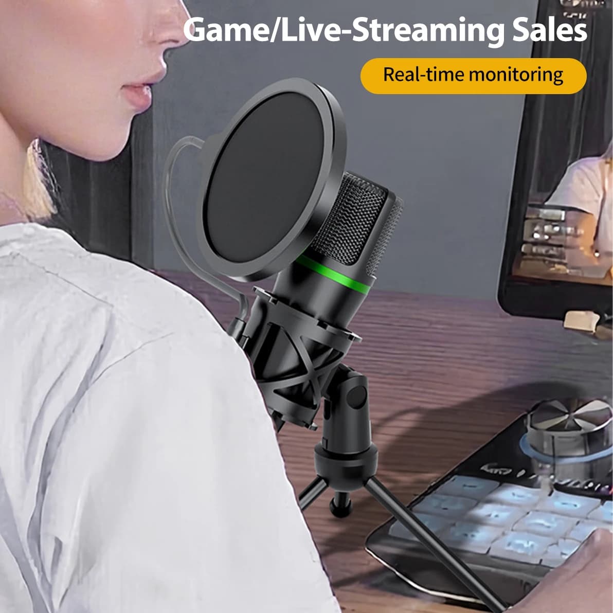 Microfono a condensatore USB cablato per PC, computer portatile, accessori professionali per il gaming, streaming audio, podcast dal vivo, registrazione RGB