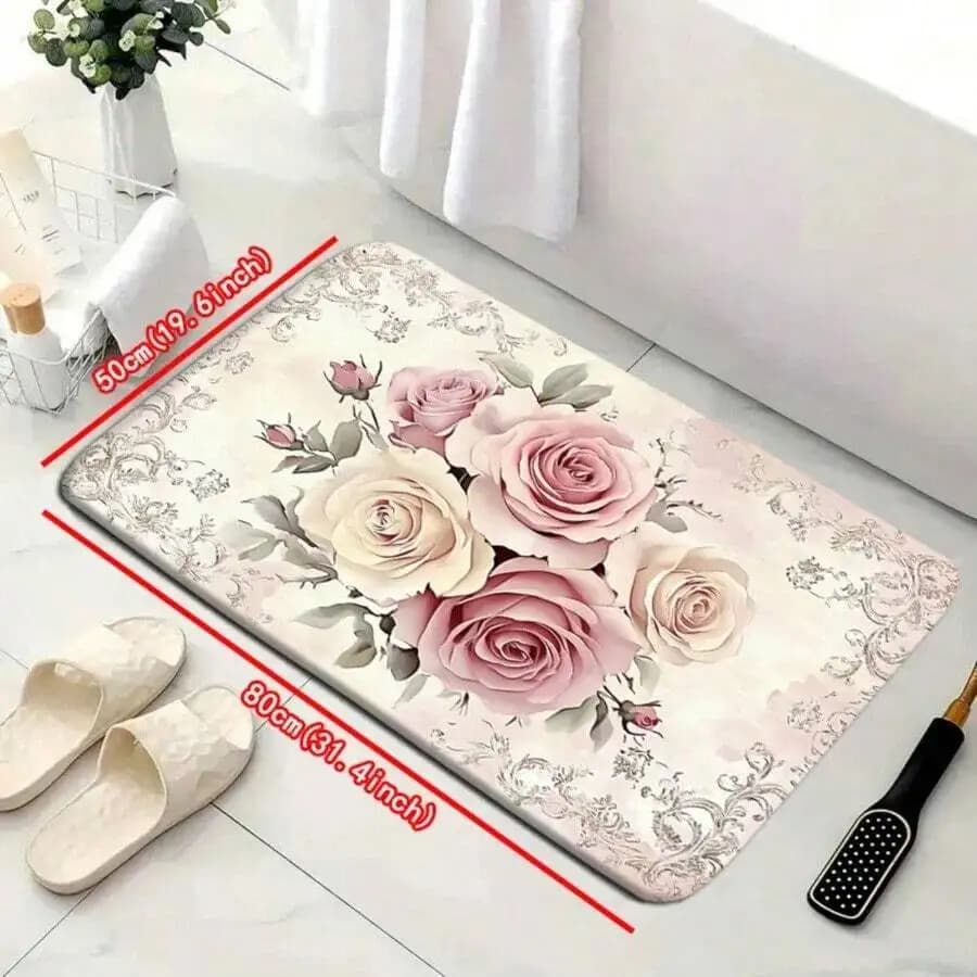 Floral Rose Bathroom Mat Water Absorbent Quick Dry Anti Slip Floor Rug For Bathroom Kitchen Bedroom