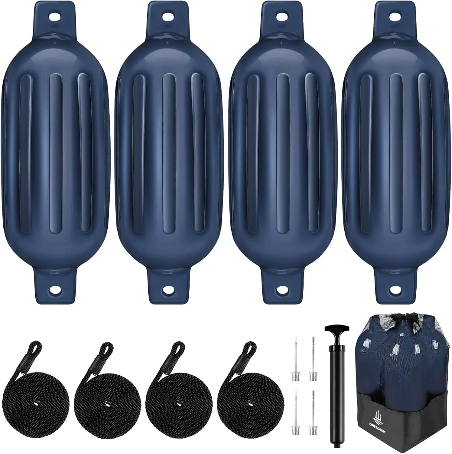 Boat Fenders 4 Pack, Boat Bumpers for Docking with 4 Ropes, Inflatable Ribbed Marine Pontoon Boat Fender Bumper for Docks