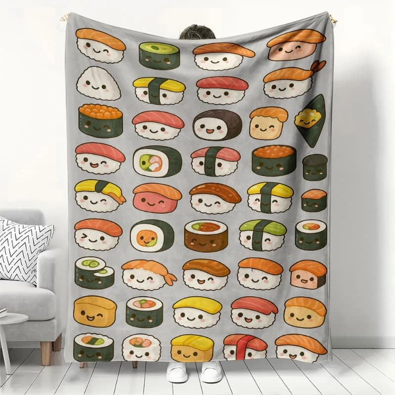 Simpatica coperta stampata in flanella con motivo smiley sushi adatta a tutte le stagioni adatta per divano da ufficio e viaggi