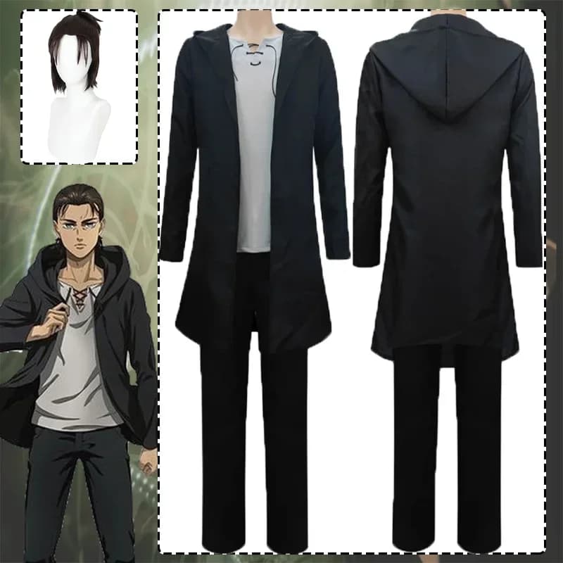 CosplayEren Jaeger Costume Cosplay Anime Attack on Titan Parrucca uniforme Trench con cappuccio nero T-shirt Pantaloni Abito da uomo Festa di Halloween