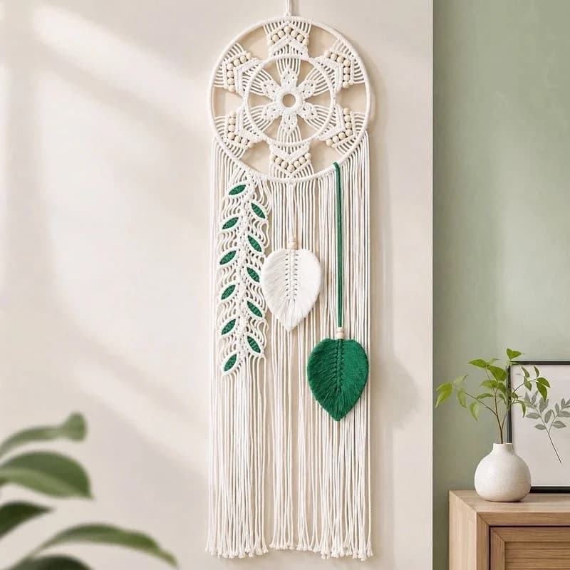 Hand Woven Macrame Dreamcatcher Tapestry, Green Leaf Boho Wall Hanging for Bedroom Home Decor, Cotton Rope Wall Art Ornament
