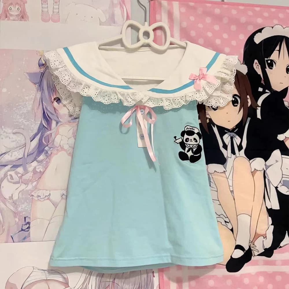 Magliette Giapponesi Carine con Fiocco da Donna, Top Corti in Pizzo con Stampa Cartoon Kawaii, T-shirt Y2K Harajuku con Colletto alla Marinara, Abbigliamento Estivo Slim alla Moda