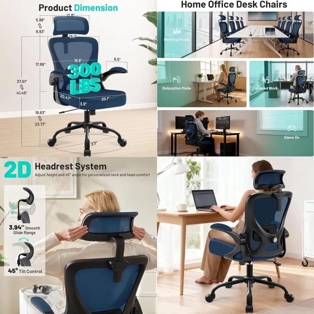 Sedia da Ufficio Ergonomica in Rete con Braccioli 2D, Supporto Lombare Regolabile, Sedia Girevole con Schienale Alto per Gaming e Uso Computer