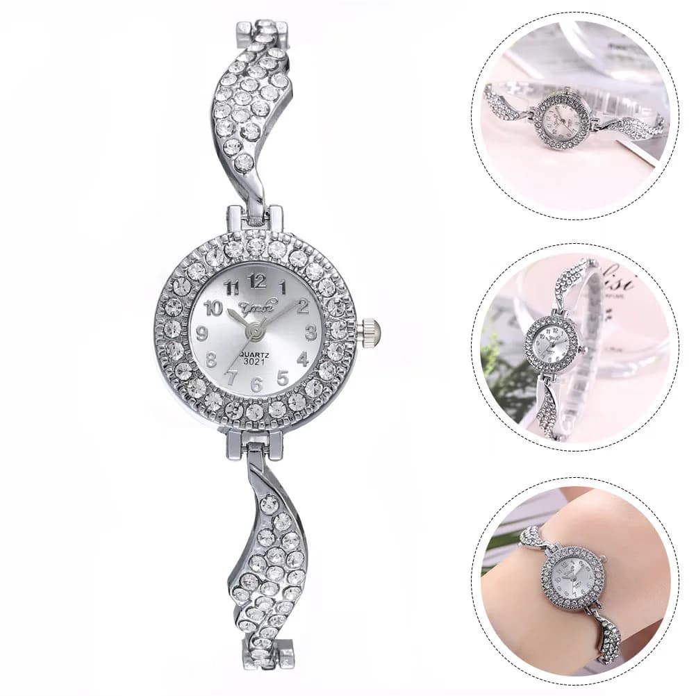 Orologio al Quarzo da Donna con Strass a Forma di Ala, Stile Bracciale, Lavorazione Raffinata, per Uso Quotidiano, Feste, Scuola, Appuntamenti, Regalo, Argento