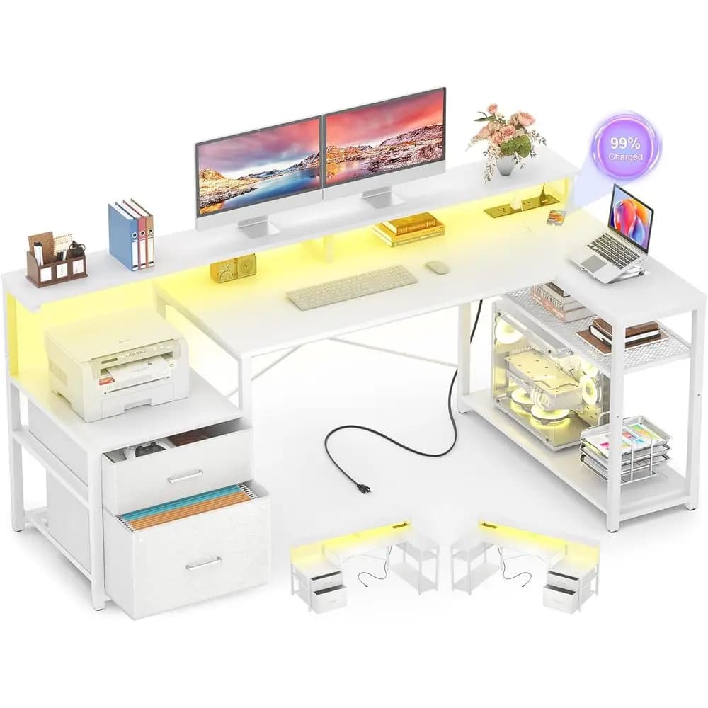 Scrivania a L con ripiano, scrivania per computer a L reversibile, scrivania da gaming con presa di corrente e striscia LED, scrivania da ufficio per casa con supporto per monitor