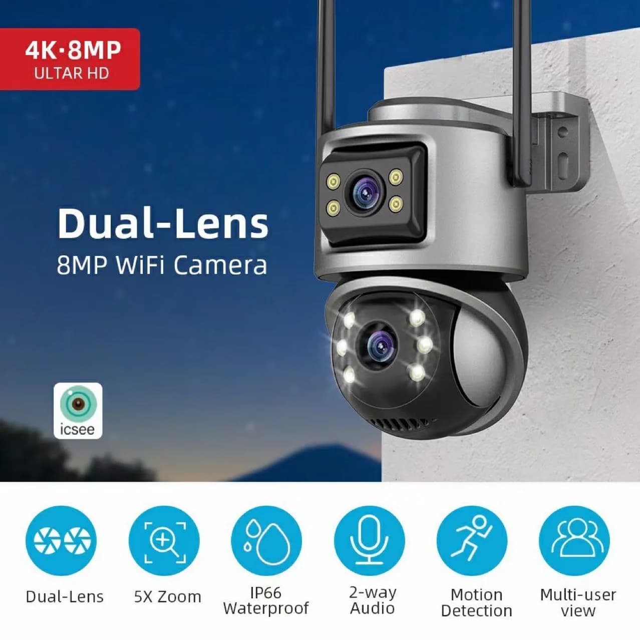 ICsee APP 8MP 5X Zoom Doppia lente Telecamera dome IP PTZ wireless a colori AI Rilevazione umanoide Sicurezza domestica CCTV Baby Monitor