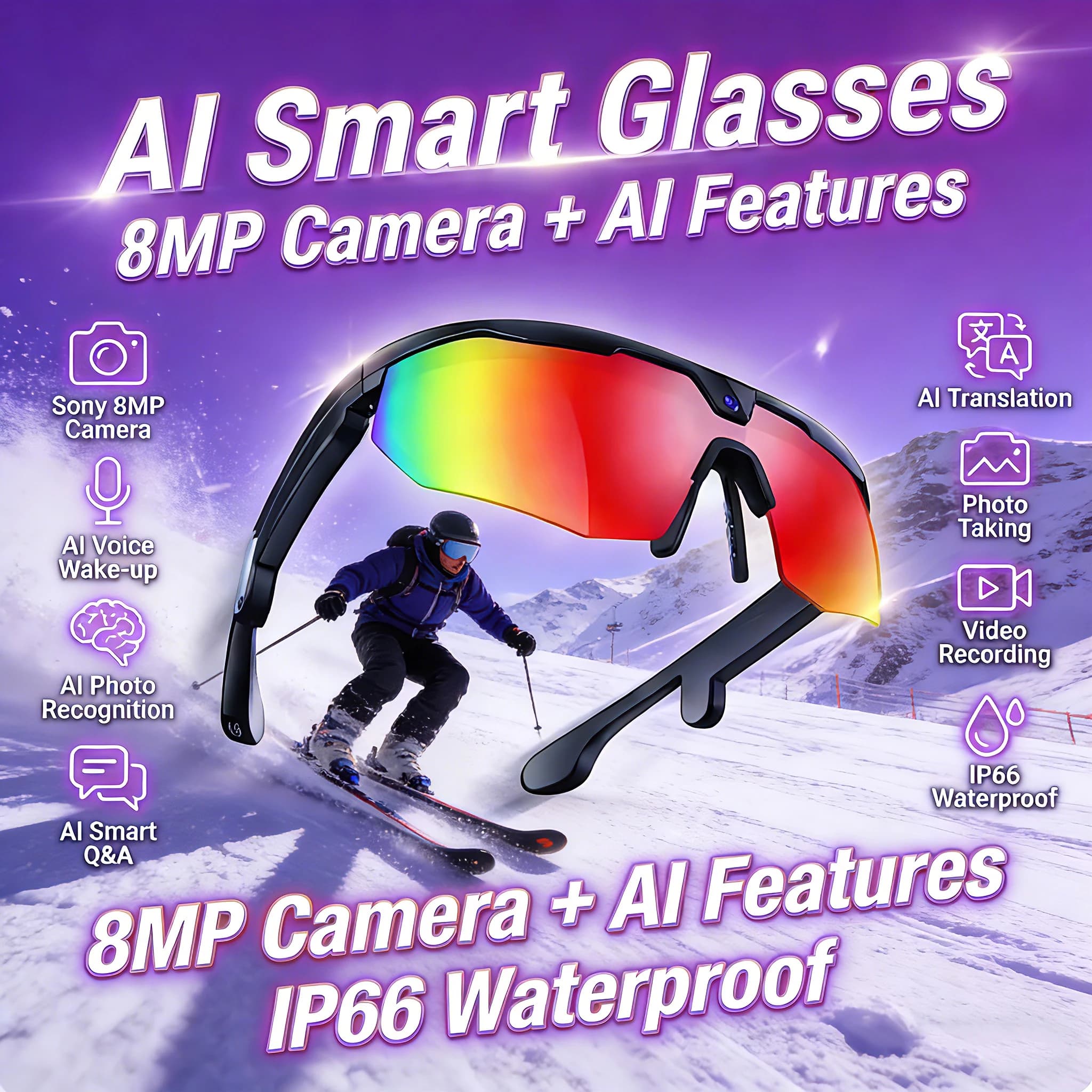 Occhiali Smart da Sci AI 2026 con Fotocamera HD Anti-vibrazione da 800W, Cattura Azione, Audio Surround 3D, Chiamate AI, Occhiali Sportivi da Uomo