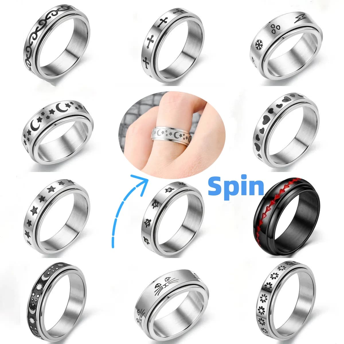Anelli per coppie Fidget Spinner Cuori Fiore Luna Stella Gatto Croce Gioielli minimalisti in acciaio inossidabile Regali divertenti Adulti Bague