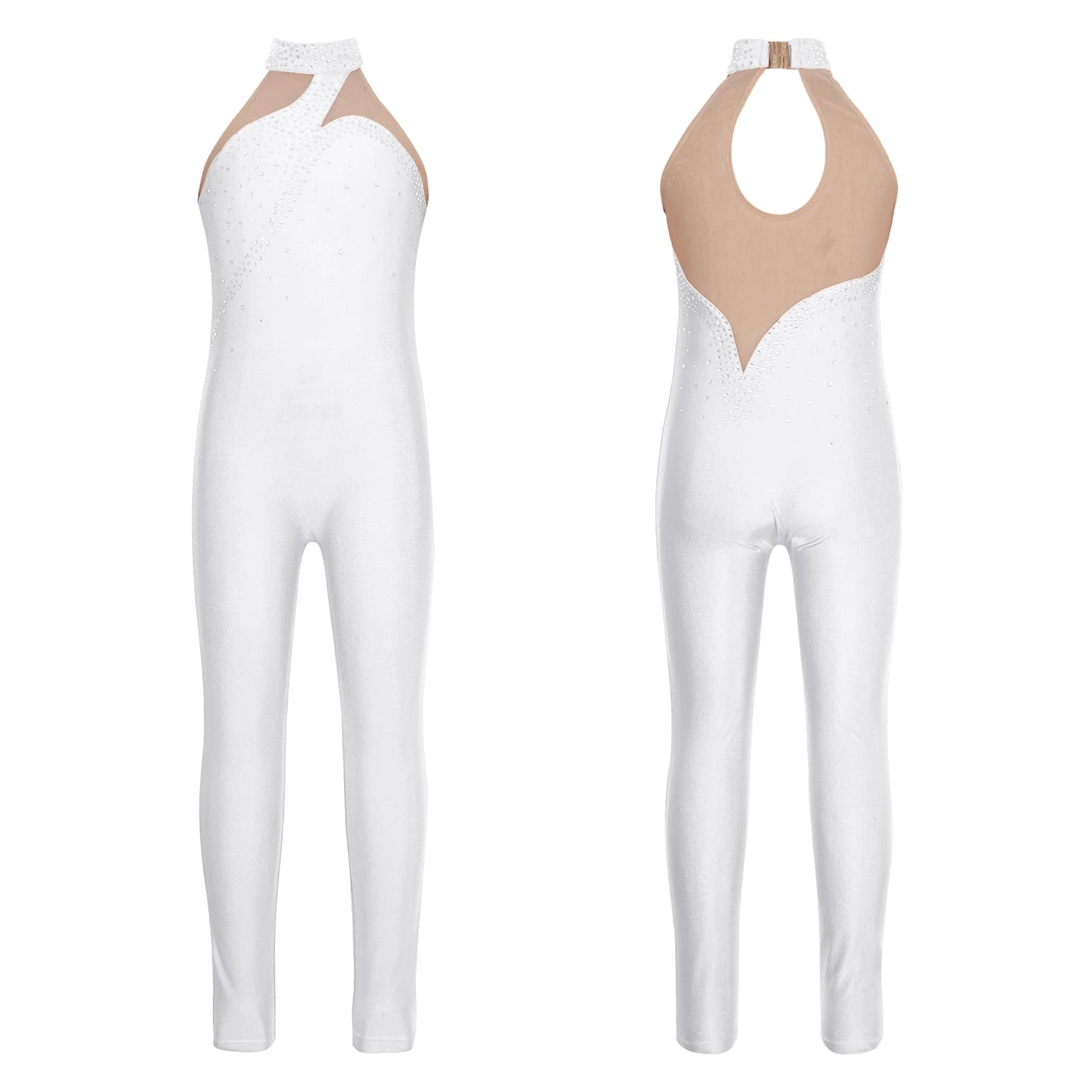 Bambini ragazze ginnastica tuta balletto danza body pattinaggio artistico Performance Costume senza maniche maglia trasparente strass tuta
