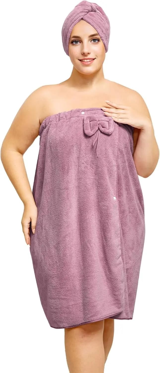 Plus Size Adjustable Wrap Bathrobe with Women Hair Towel, Comfortable Spa Bathrobe in Purple
