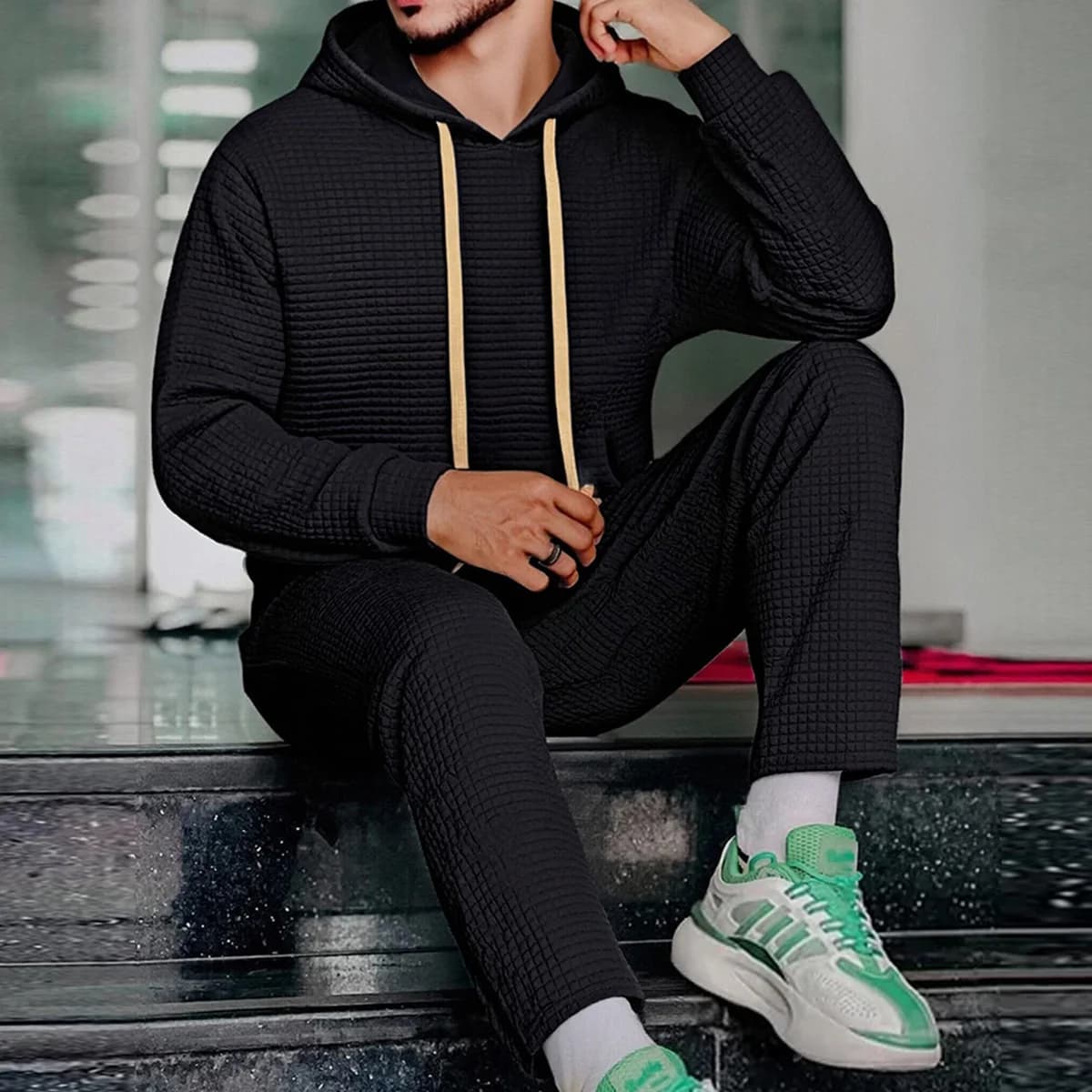 Men's Spring Set in Two Pieces, Hoodie and Design with Cordoncino, Sports Casual Clothing for Daily and Outdoor Use