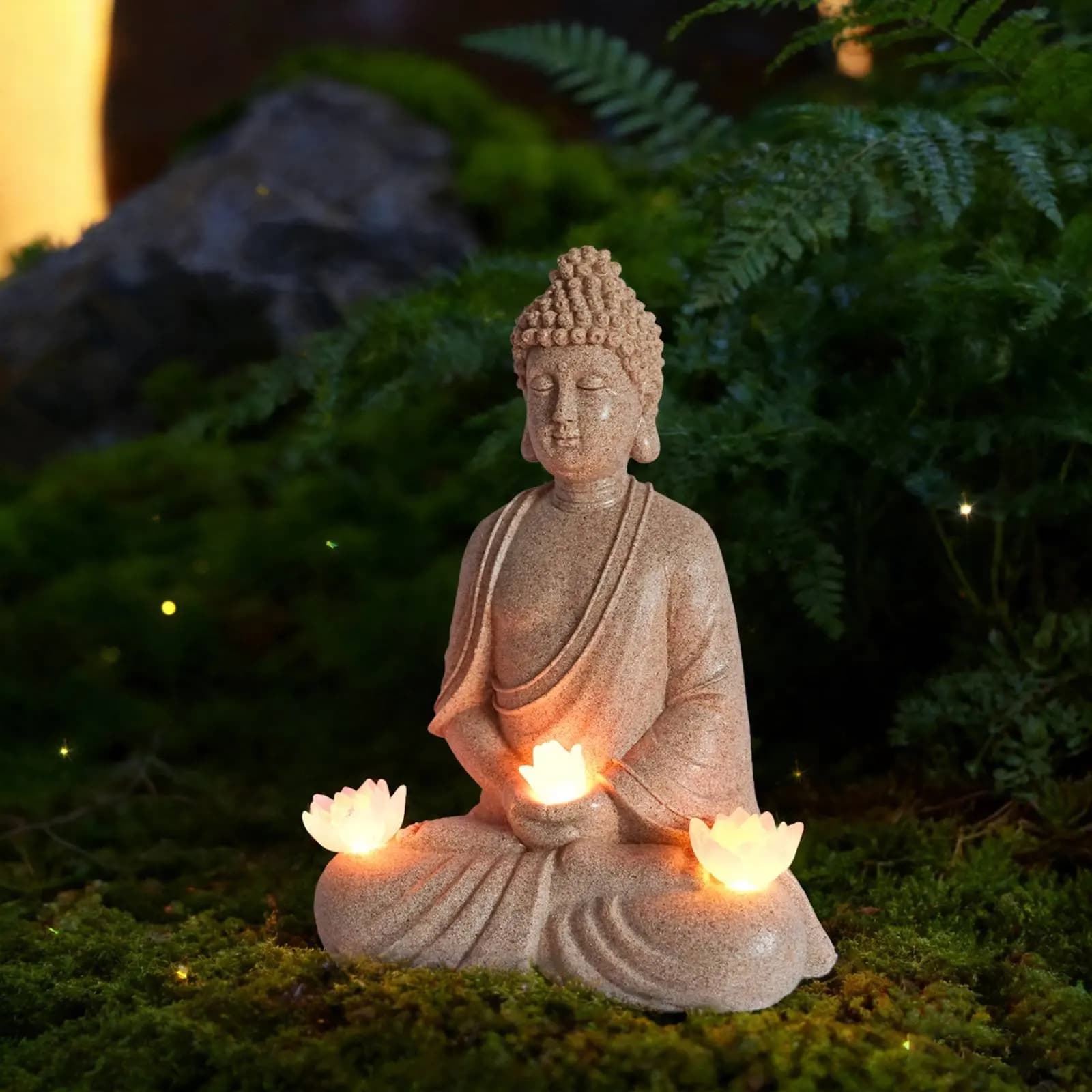 Statua di Buddha Solare da Esterno, Sicura, Luce Notturna Meditante, Scultura Zen Dipinta a Mano, Luce Bianca Calda per Giardino e Patio