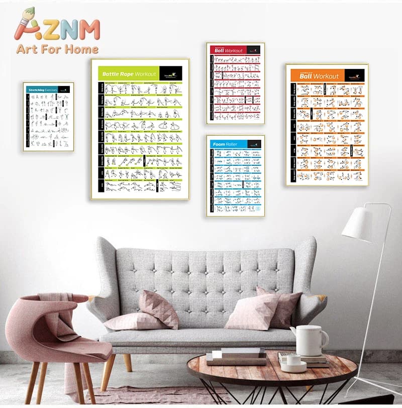 Artistic wall print with fitness exercise chart AZNM, single canvas poster without frame, stretching, Battle Rope, Foam Roller and Bal