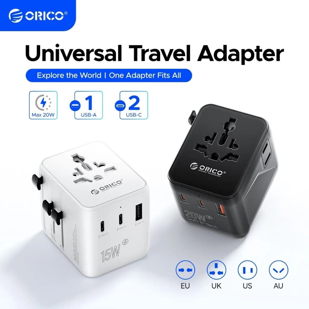 Adattatore da viaggio universale ORICO con 1 adattatore di alimentazione interfaccia USB-A e 2 USB-C per ricarica rapida Spina UE/Regno Unito/USA/AU per ufficio domestico