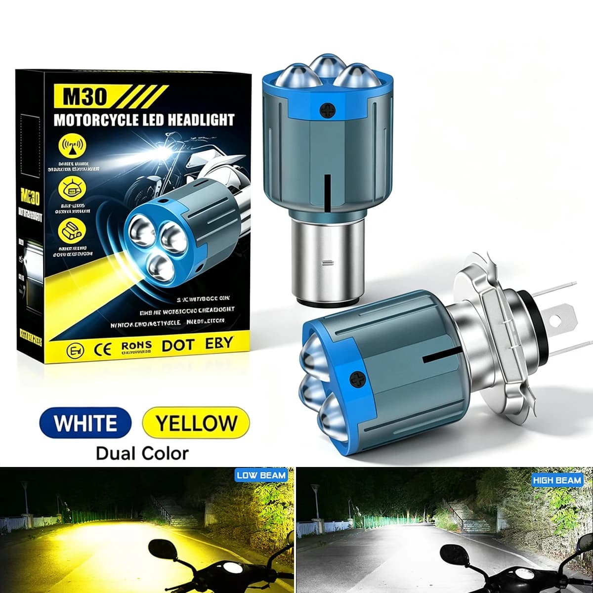 HYNBYZJ 88W 1x H4 H6 BA20D LED Motorcycle Light Bulb White Yellow Dual Color Motorcycle Headlight Bulb Replacement 12V