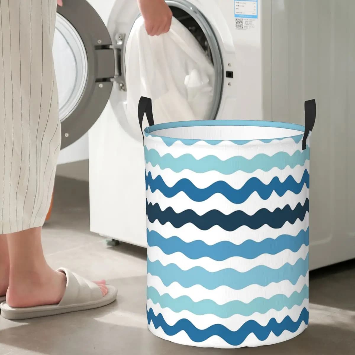 Cesto portabiancheria con motivo a onde blu astratte, design ispirato all'oceano, per vestiti sporchi e oggetti vari, borsa grande impermeabile