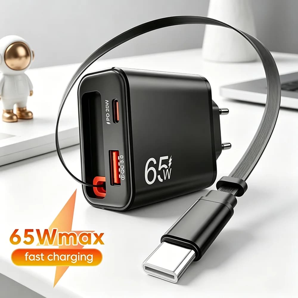 65W USB Phone Charger QC 3.0 USB PD Wall Charger With Retractable Super Fast Charging Type C Cable For iPhone 17 Huawei Xiaomi