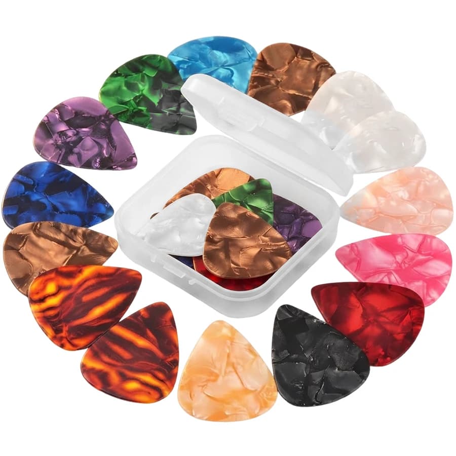 18pcs Guitar Picks & Mini Transparent Storage Box, Portable Pick Case for Plectrums, Small Organizer for Guitar Accessories