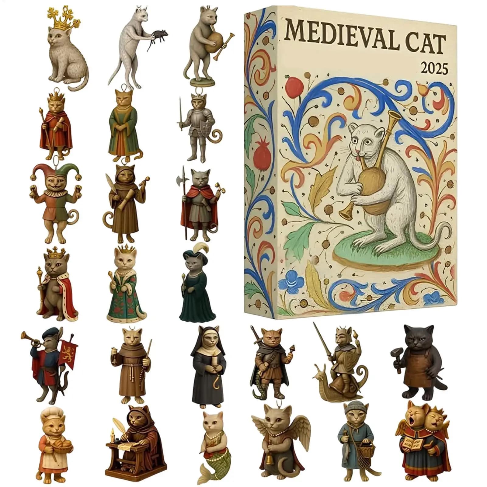 Ornamento di gatto di Natale Conto alla rovescia 24 giorni Tema medievale Giocattolo piatto Conto alla rovescia al calendario di Natale per bambini Bambino Adolescente Ragazzo adulto