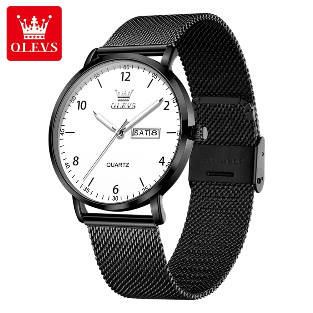 OLEVS Original Quartz Watches for Men, Minimalist Steel Strap, Double Calendar, Waterproof, Luminous, Model 2996