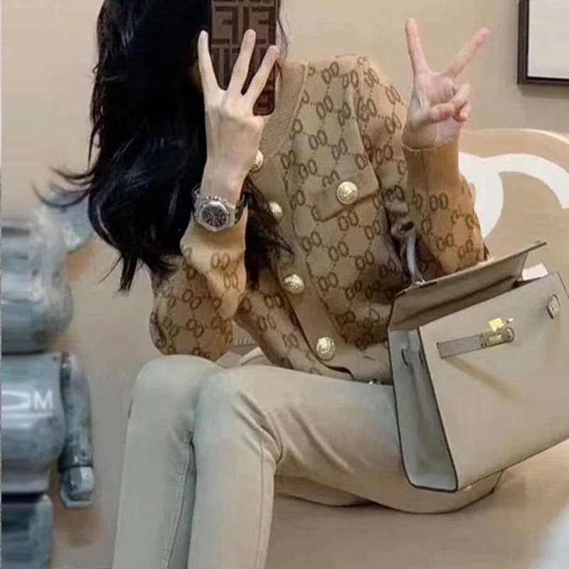 Giacca maglione corta stampata alla moda per donna Primavera Autunno Temperamento Elegante vita snellente Top in maglia Abbigliamento donna di moda
