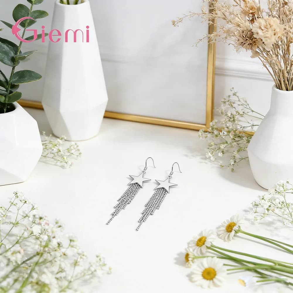 Nuovi Orecchini Pendenti a Forma di Stelle con Nappine in Argento Sterling 925 per Donne, Gioielli di Moda