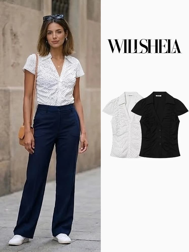 Willshela Women Fashion Pleated Single Breasted Blouse Tops Vintage Lapel Neck Short Sleeves Female Chic Lady Shirts