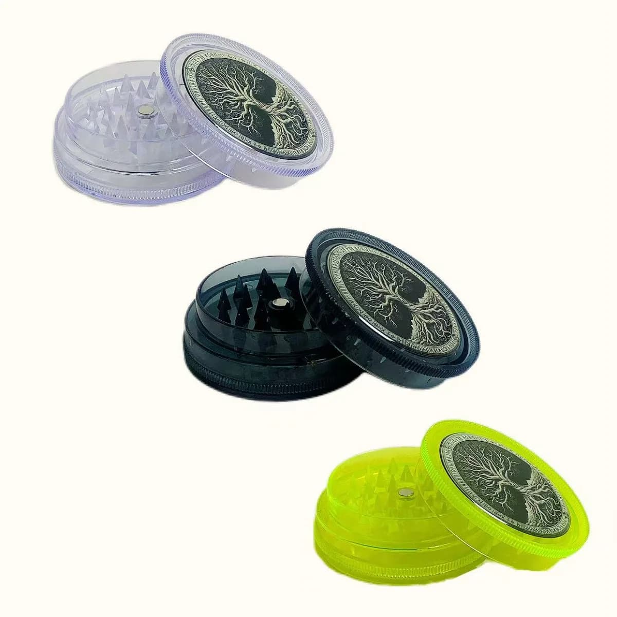 Grinder per Erbe in Plastica a 3 Strati con Albero della Vita, 2.36 Pollici (6cm), Raccoglipolline, Spazzola per Pulizia, Chiusura Magnetica, Strumento Manuale per Fumatori, Regalo