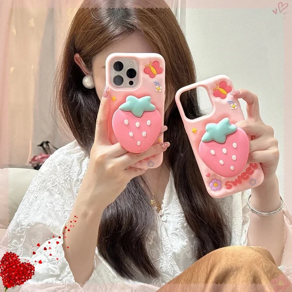 Custodia Morbida in Silicone Anti-caduta con Supporto a Forma di Fragola 3D Semplice e Carina per iPhone 16 15 14 13 12 11 Pro Max