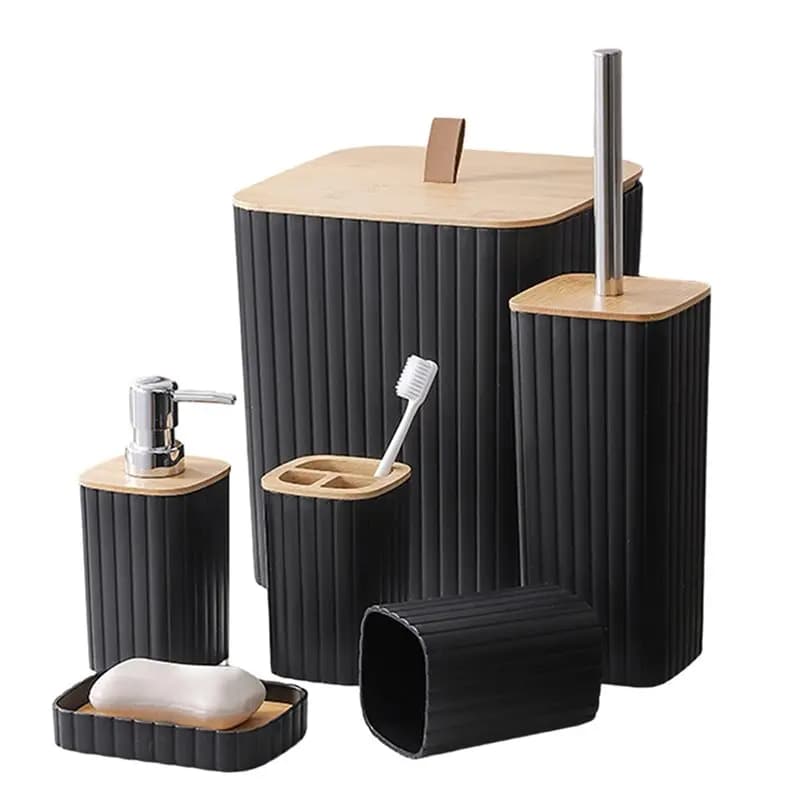 Set con cestino per rifiuti, porta spazzolino, dispenser per sapone liquido, portasapone, spazzola per WC, accessori da bagno