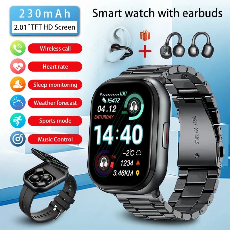 LIGE TWS Smart Watch Men 2.01'' Large Screen Headphone Watches Bluetooth Call Music Earphone Heart Rate Sports Earbud Smartwatch