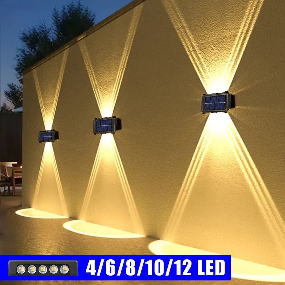 Lampada da parete solare Luce calda per esterni Impermeabile su e giù Illuminazione luminosa Balcone Cortile Decorazione del giardino Luci Parete esterna