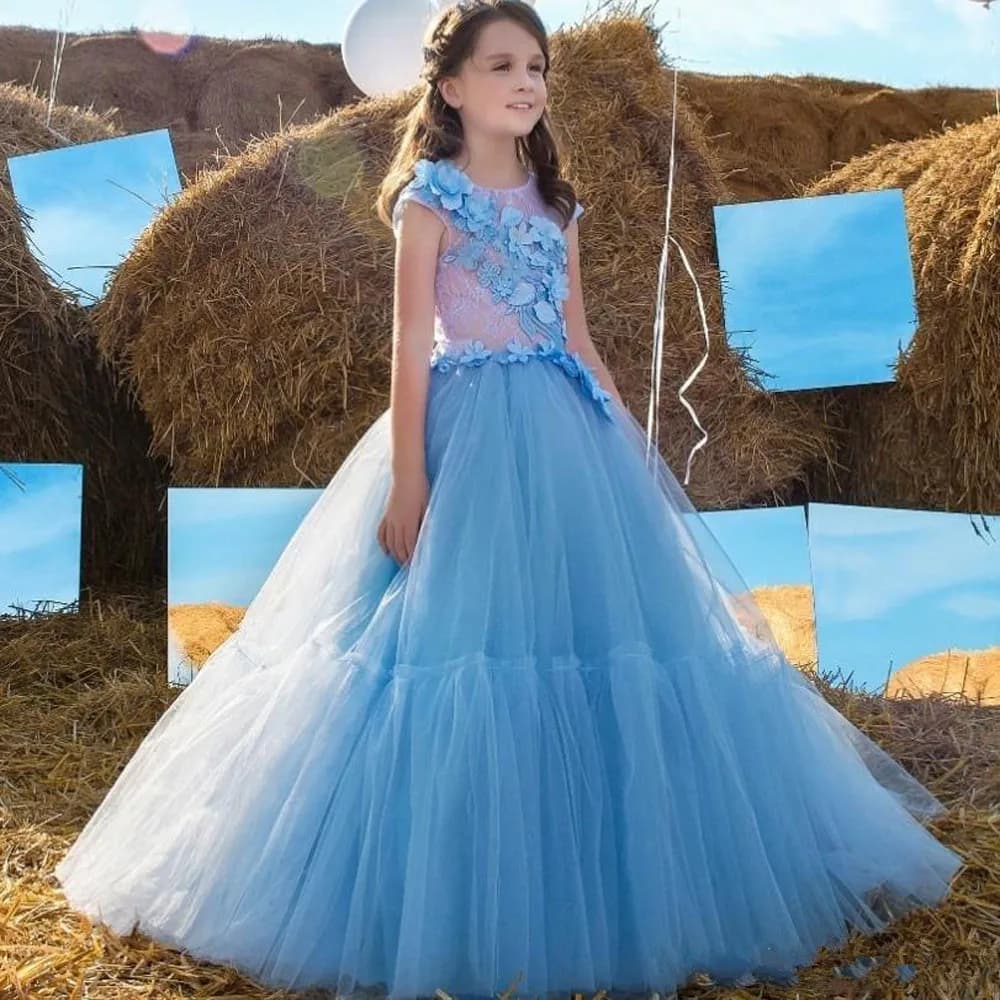 Abito da ragazza di fiori personalizzato per matrimonio in tulle soffice applique in pizzo senza maniche elegante primo abito da festa di compleanno eucaristico per bambini