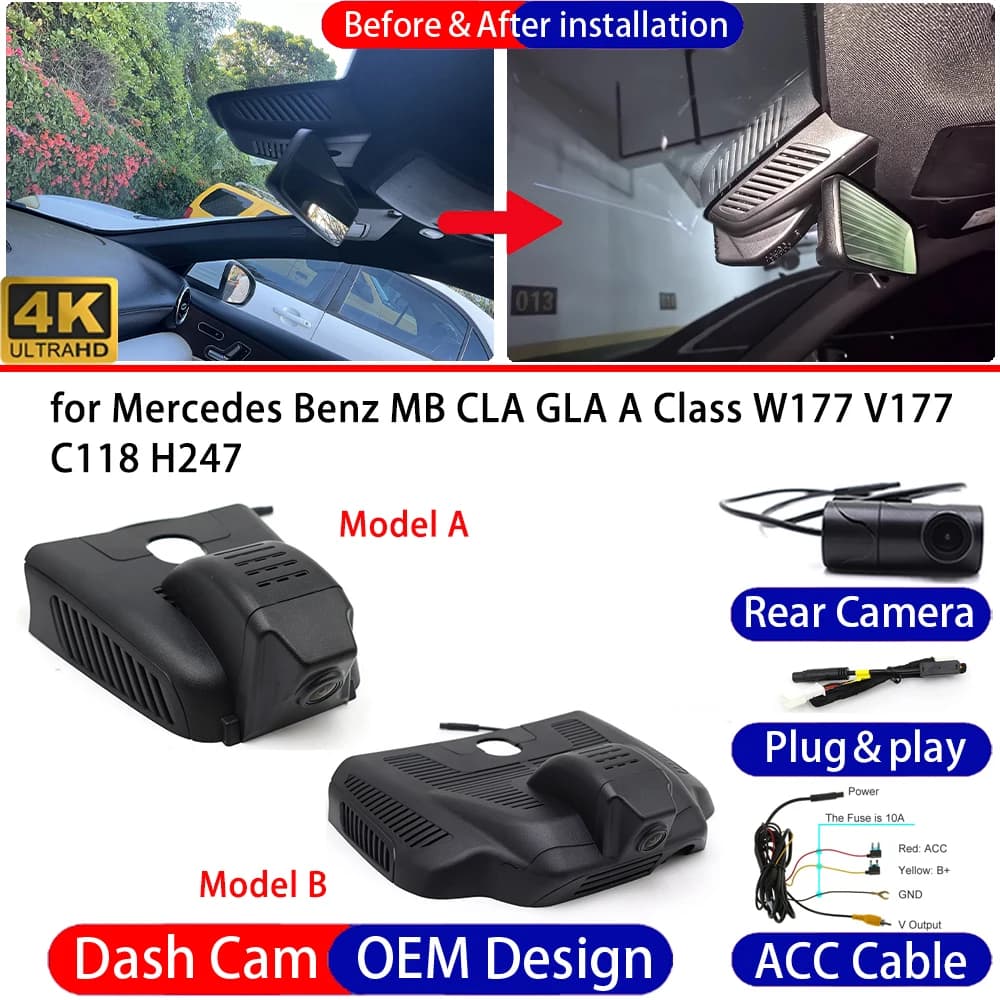 Dash Cam for Mercedes Benz MB CLA GLA A Class W177 V177 C118 H247 Front＆Rear 4K 24h DVR Dashboard Camera Video Drive Recorder