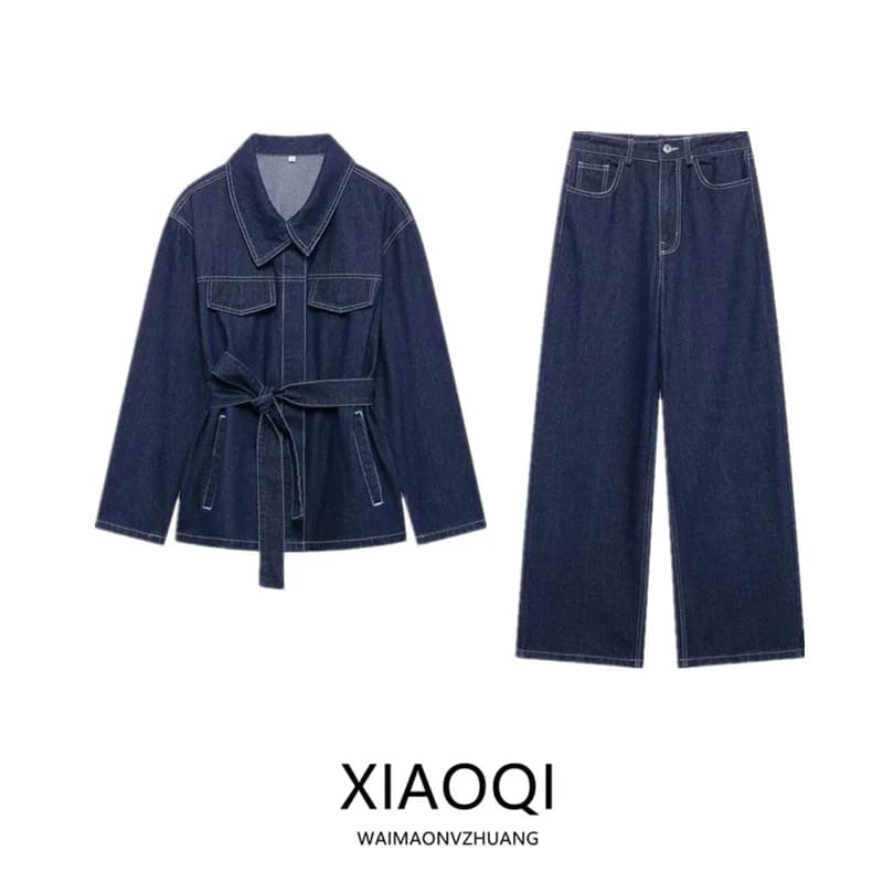 Primavera 2025: Completo Casual da Donna con Giacca in Denim a Maniche Lunghe e Pantaloni a Vita Alta con Cintura – Design di Tendenza per Giovani Donne
