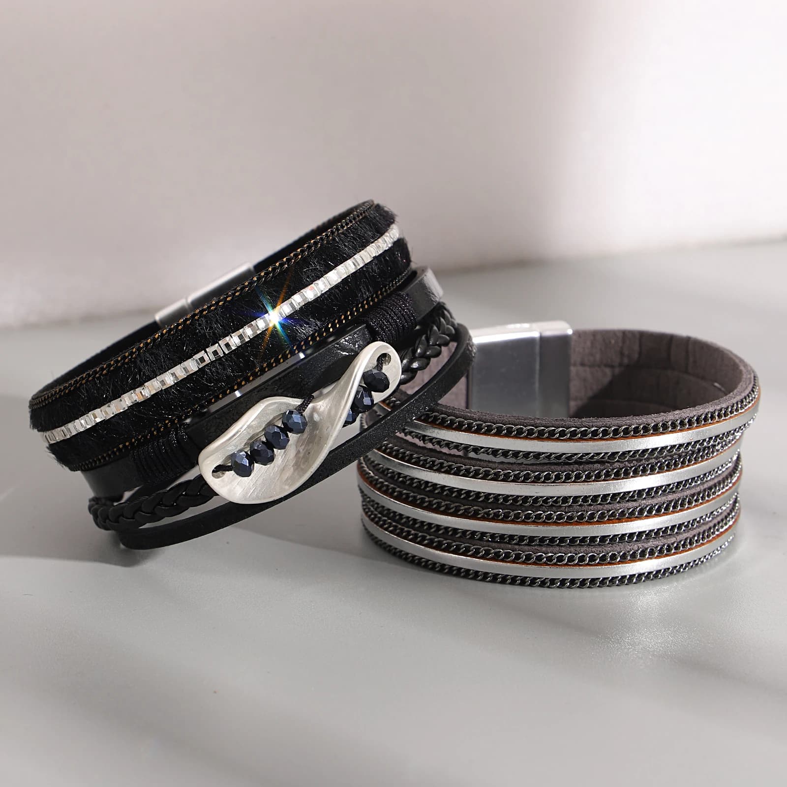 ANESOA Vintage Curved 8-shaped Rhinestone Inlaid Bracelet Black Series Handmade Weave Design Men Women's Versatile PU Bangle