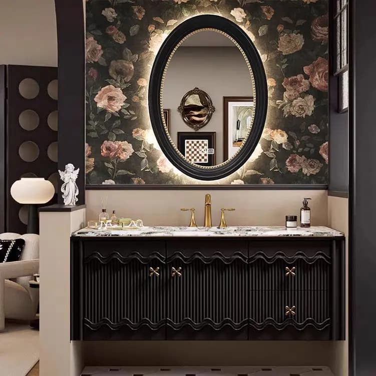 French Retro Oak Bathroom Vanity, New American Style Washbasin Set, Wall Mounted Hand Sink Cabinet for Home