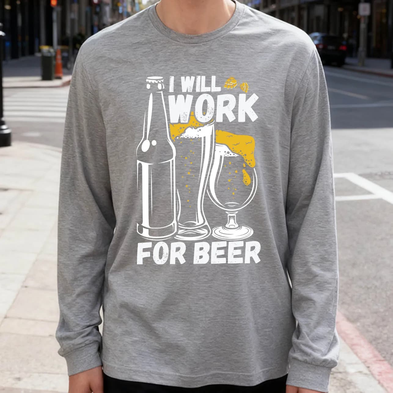 Work for Beer 180g long sleeve t-shirt 100% cotton casual printed crew neck to wear every day soft and breathable