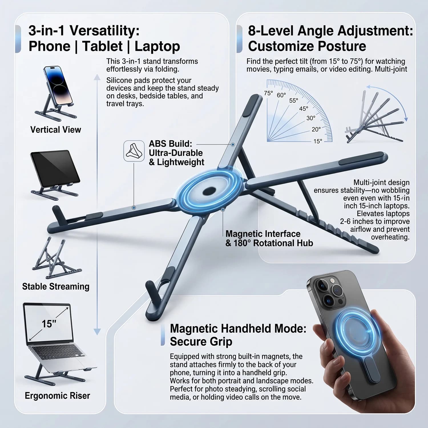 New Foldable Magnetic Laptop Stand ABS Plastic Portable Adjustable Stand Heat Dissipation Holder for Smart Phone Tablet Notebook